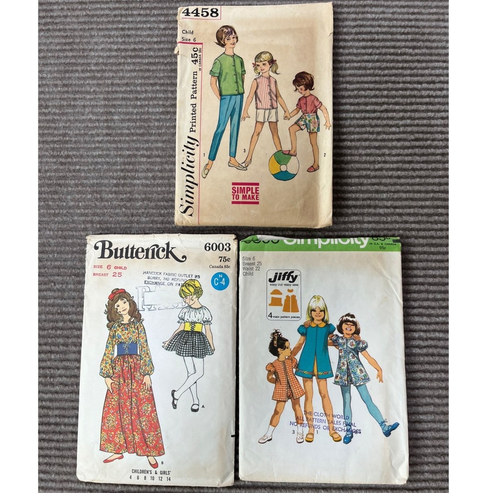 Vintage Childrens Sewing Patterns Lot Simplicity Butterick Sz 6 1960s 1970s Boho